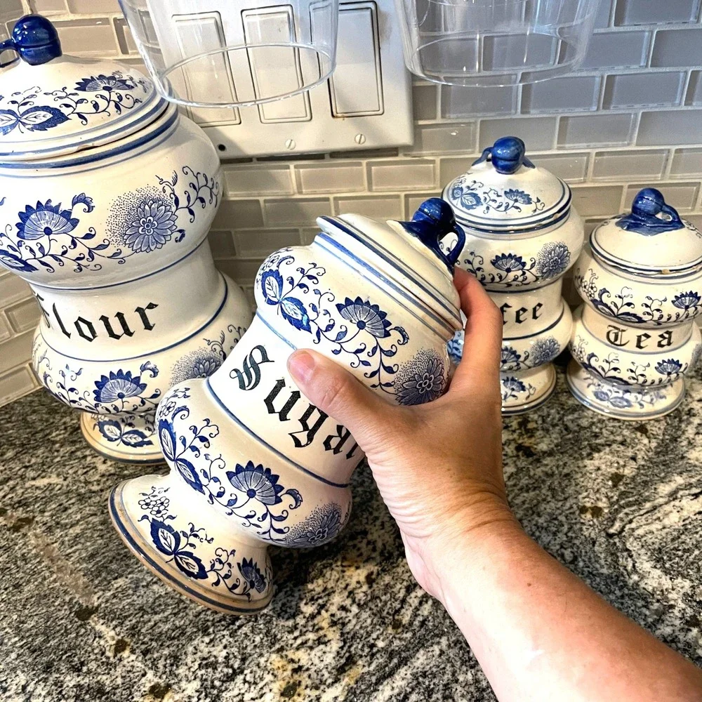 Vintage Blue White Onion Pattern Ceramic Canister Set Flour Sugar Coffee Tea